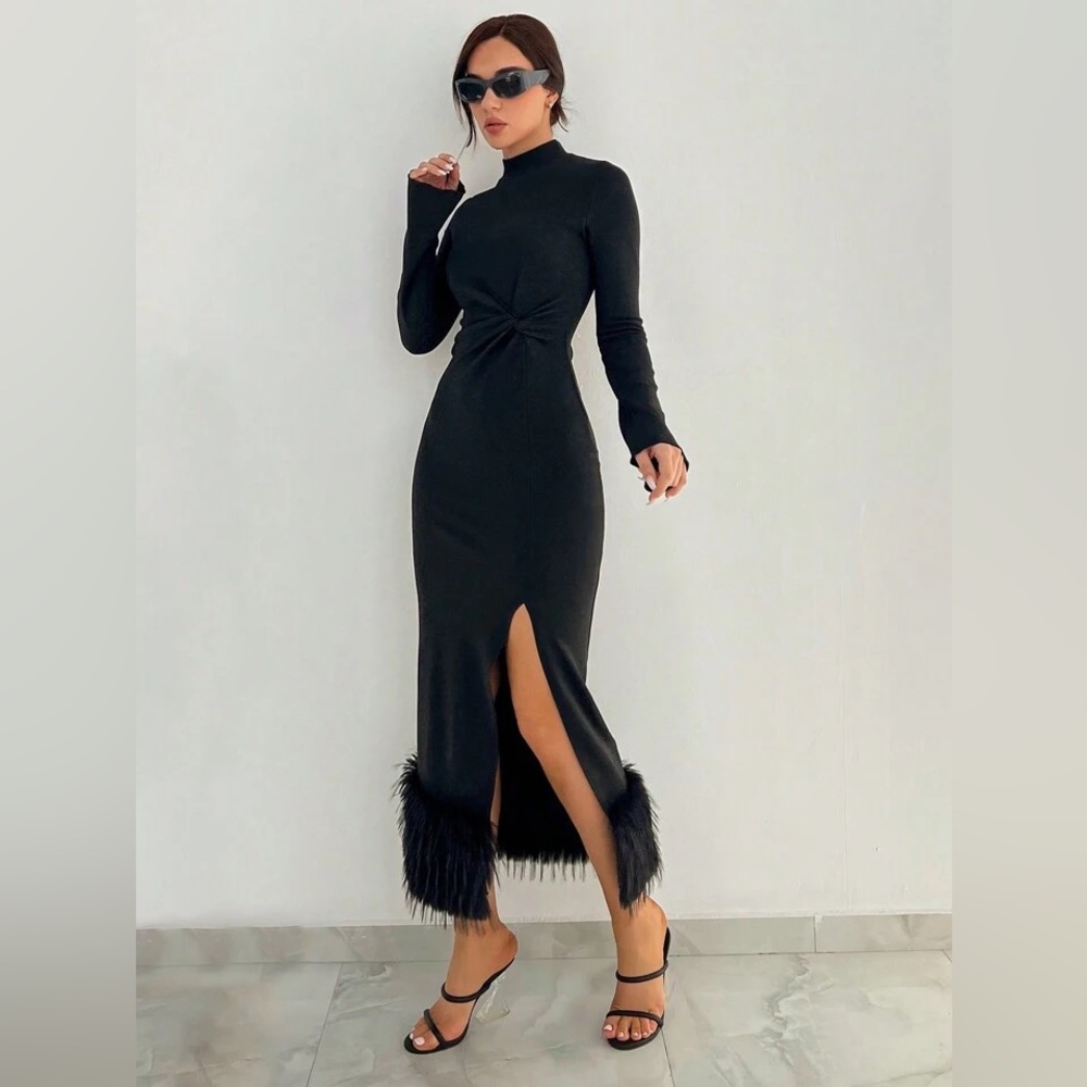 BLACK FUZZY TRIM FASHION MAXI DRESS